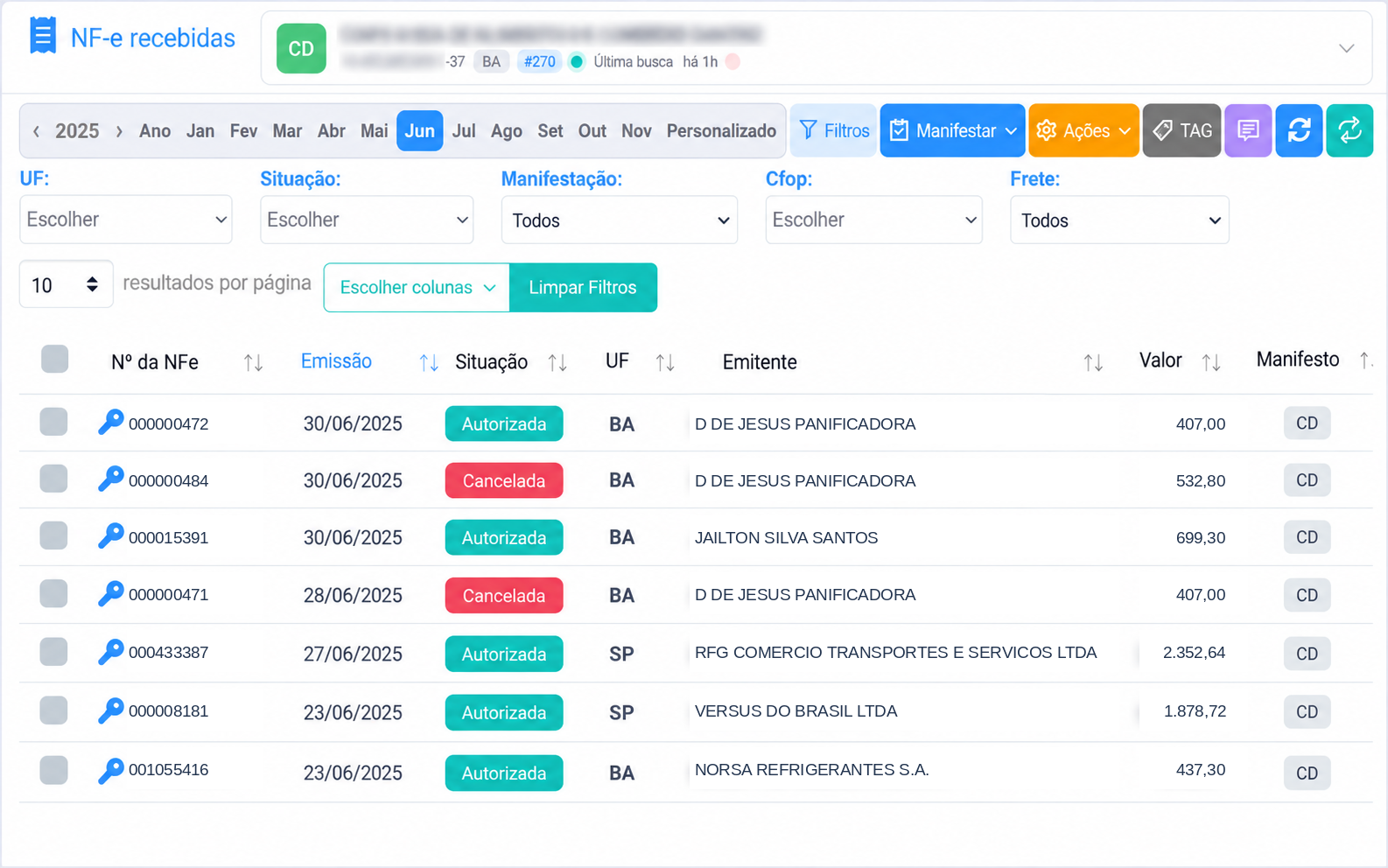 Tela de NF-e recebidas do DANFE Digital