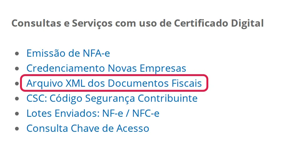 Página de consultas e serviços da Secretaria da Economia de Goiás com o link Arquivo XML dos Documentos Fiscais destacado