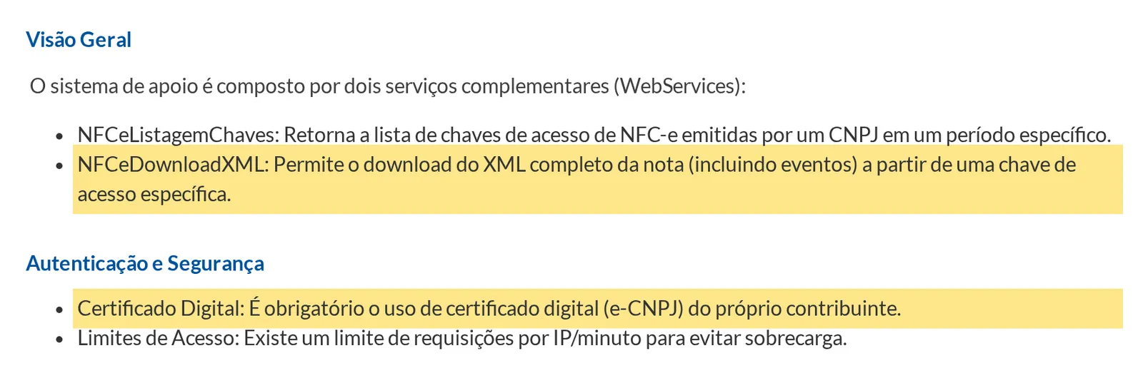 Página do Sistema de Apoio à Escrituração da NFC-e da Sefaz SP com o download do XML e a exigência do e-CNPJ destacados