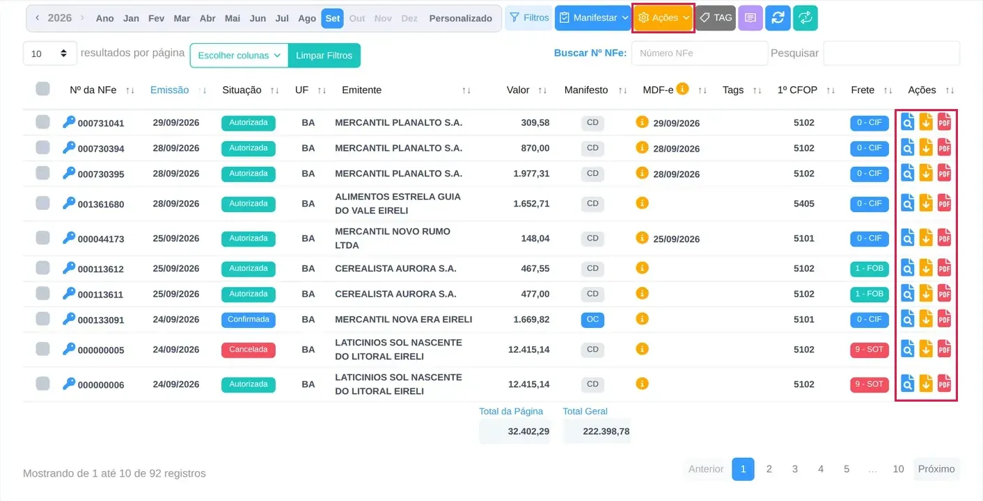 Tela NF-e recebidas de uma empresa fictícia com a barra de meses de 2026 e as notas de setembro, com o menu Ações e os ícones de cada linha destacados em vermelho