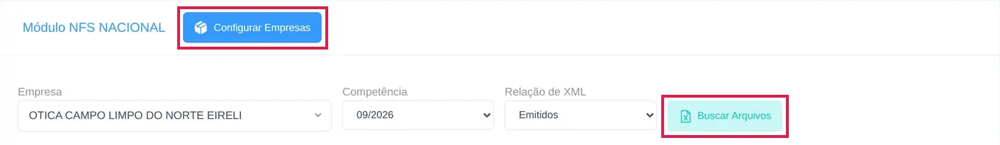 Tela do módulo NFS Nacional com os botões Configurar Empresas e Buscar Arquivos destacados em vermelho