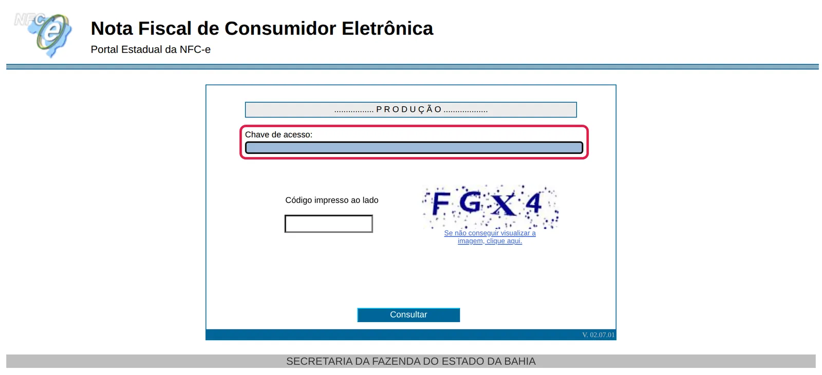 Formulário de consulta pela chave de acesso no Portal Estadual da NFC-e da Bahia