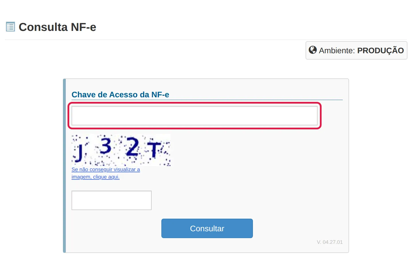 Formulário de consulta pela chave de acesso no Portal Estadual da NF-e da Bahia