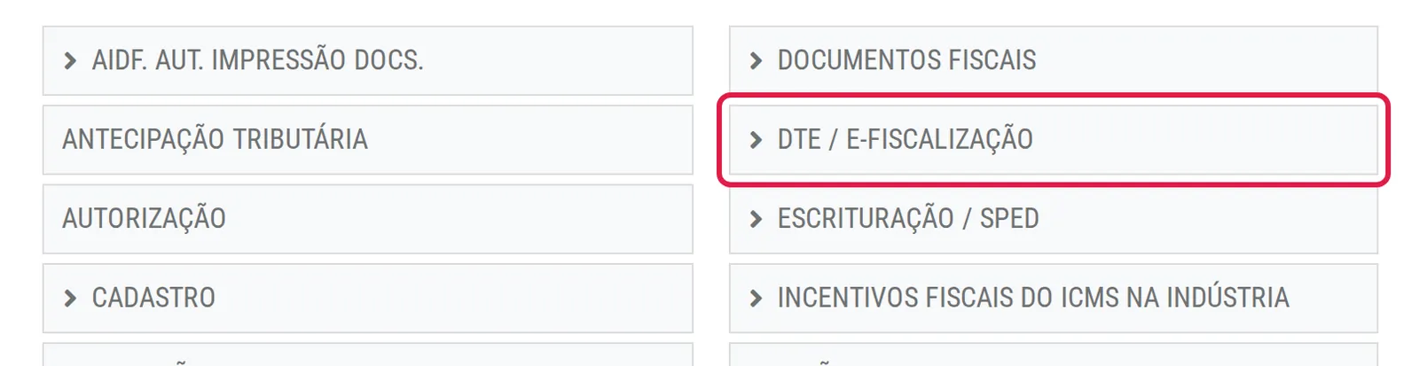 Página ICMS da Inspetoria Eletrônica da SEFAZ-BA com o botão DTE / E-FISCALIZAÇÃO destacado