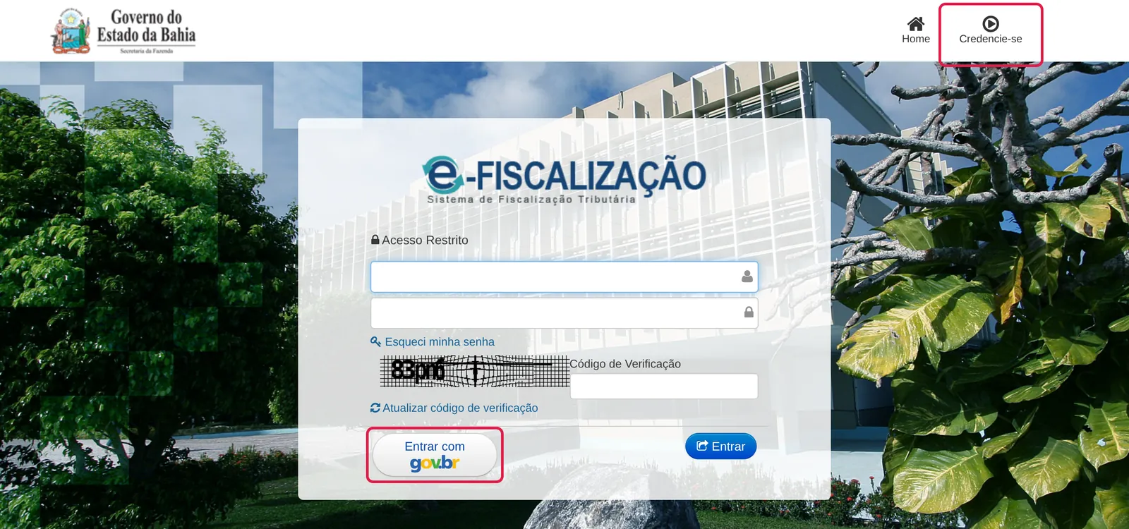 Tela de entrada do e-Fiscalização da SEFAZ-BA com Credencie-se e Entrar com gov.br destacados